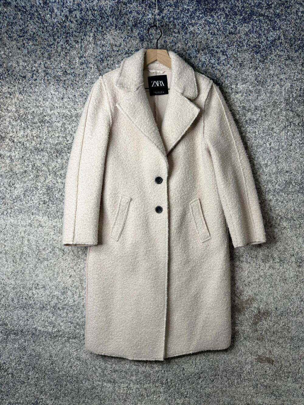 Zara Coat Womens XS White Fleece Long Single Breasted Notch Collar Overcoat